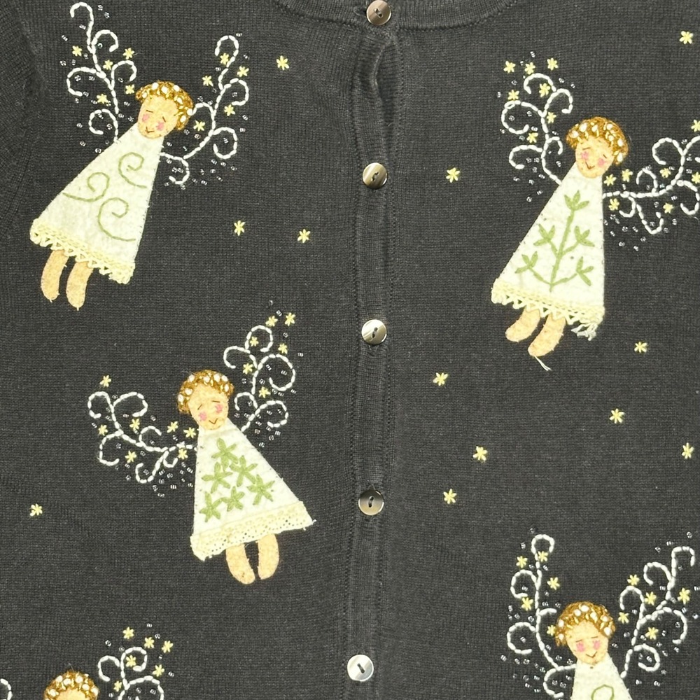 Carroll Reed Black Angel Embroidered Knit Button Cardigan cottagecore - Picture 2 of 4